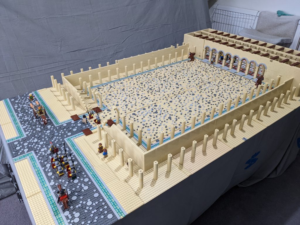 In progress photo of a Roman forum custom Lego build coming to Gloucester this July.